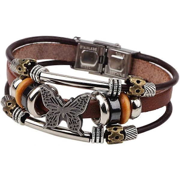 Boheme Læderarmbånd til Mænd og Kvinder Vintage Punk Legering Sommerfugl Nøgle Justerbar Perlebesat Wrap Multilayer Flettet Manchet Armringe Armbånd Håndled D