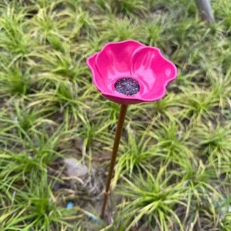 Fuglebad i metal formet som en blomst. Foderbræt på spyd og havepynt til terrasse og græsplæne