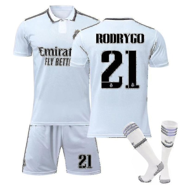 Ny säsong 2022-2023 Real Madrid FC Kids Football Kit RODRYGO 21 28 (150-160cm)