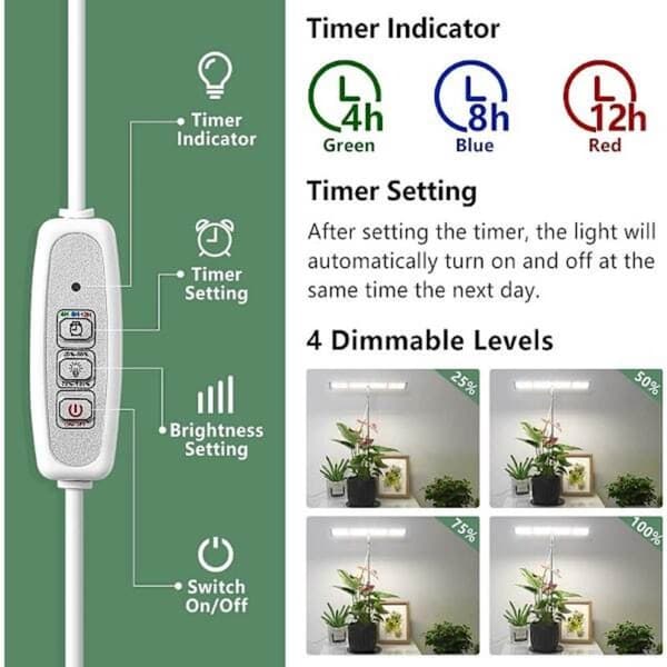 LED plantelys med 3 lysmoduser og 4 dimmenivåer.