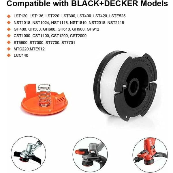 6-pakning A6485/A6481 spoler for Black & Decker gresstrimmer. 6 x 9 m nylontråd. 1,65 mm diameter + 1 hette + 1 fjær