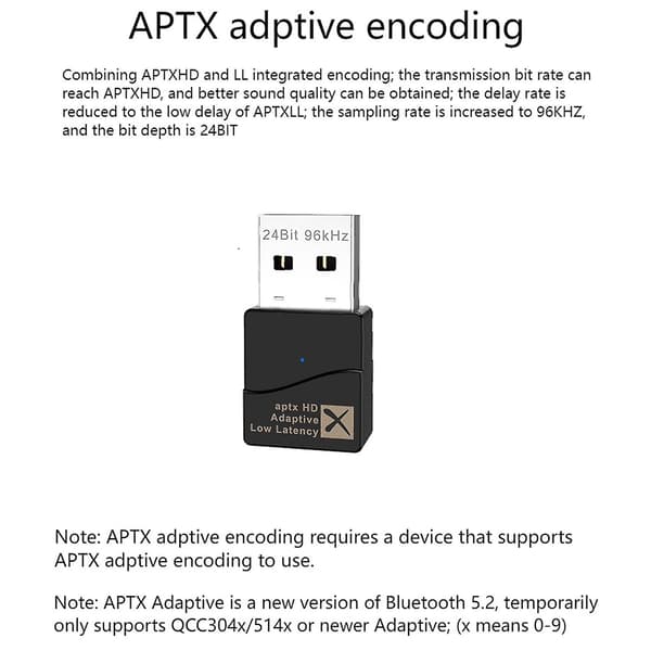 Aptx Adaptive, USB Bluetooth 5.2 Lydtransmitter, Driverfri C