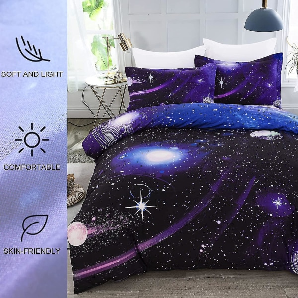Galaxy Cover Set Vändbar Sky Universe Moon Printed Sängkläder Quilt Cover med dragkedja för sängkläder Decro, Ultra Soft Microfiber W Double