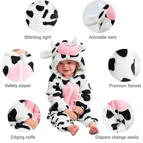 Unisex baby Vinter Höst Flanell Huva Romper Cosplay Jumpsuit Hög kvalitet Cow 2 5 Months