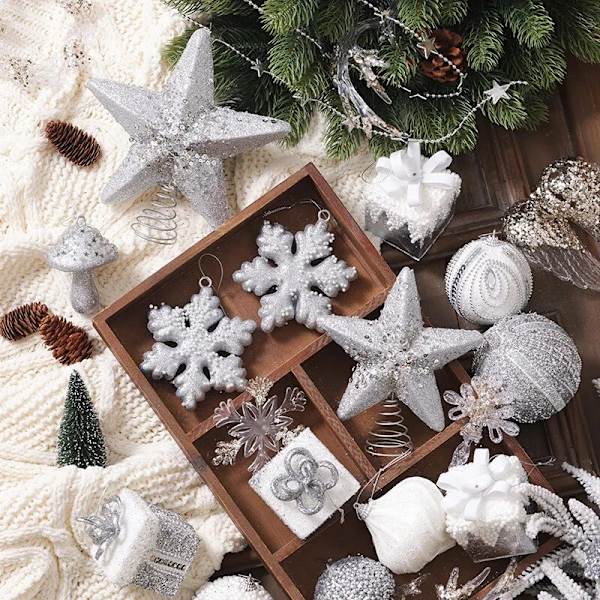 Champagne Julgransdekorationer Bollar Bauble Xmas Party Hängande bollprydnader Juldekorationer för hem Nyårspresent 20cm white top star