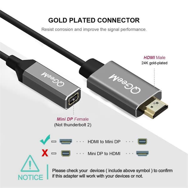 QGeeM HDMI Single til Mini DP Konverter Adapter Kabel UHD 4K@30Hz Plug and Play til PC Laptop