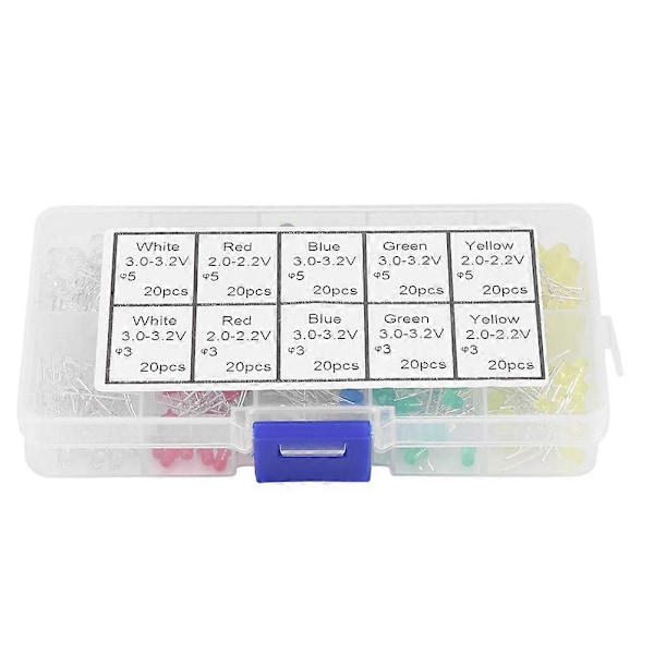 200 stk. 3 mm 5 mm Rød Gul Hvid Grøn Blå Assorteret LED-dioder Lys Kit Sæt