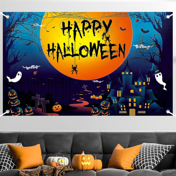 Happy Halloween-banner, halloween-bannerdekorationer, stor tyg halloween fotobås skylt bakgrund, halloween hängande banner med månborg Pa Blue 185*90 cm