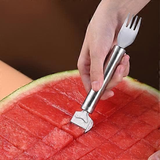 Vannmelonkutter Melonverktøy Rustfritt Stål 2-I-1 Design Fruktkutter med Vindmølleskive Bærbar Terningkutter Gaffel for C