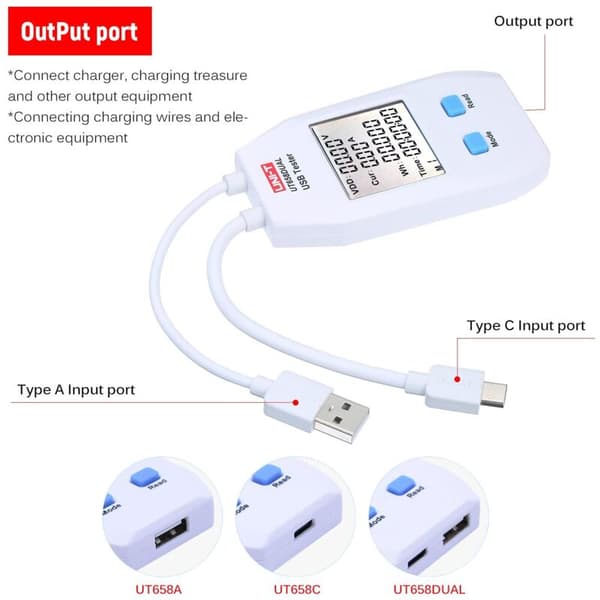 (Kompatibel) USB LCD Strømtæster, USB Tester, Detektor, Voltmeter, Amperemeter, Digital Strømkapacitetstester (UT658-Dual)