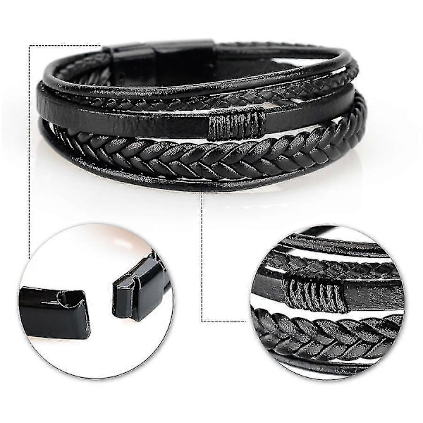 Trendy Ægte Læder Armbånd Mænd Rustfrit Stål Multilayer Flettet Reb Armbånd Til Mænd