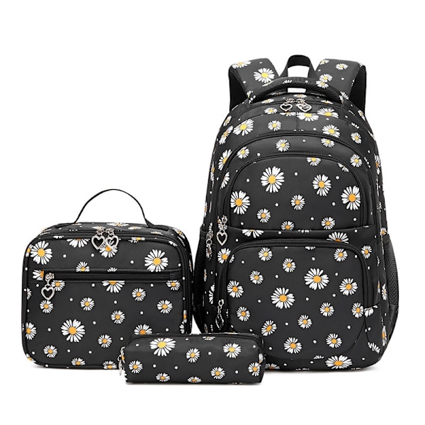 Daisy Prints Skolryggsäck Set med Lunchpaket Bokväska för tonårsflickor 3st Skolväska för Primär Student Bokväska Black