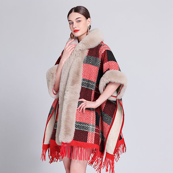 Höstens och vinterns moderiktiga capesjal plus sammetsförtjockade pälskrage rutig huva tofs stickad sjalcape Plaid red plus velvet 80-100cm