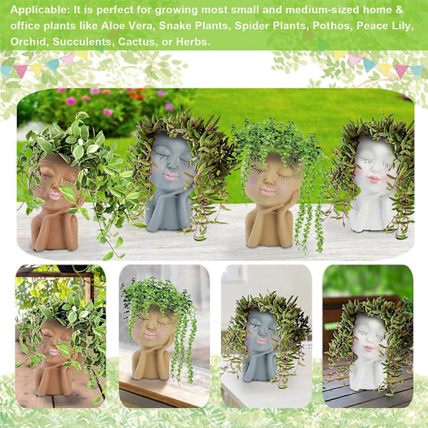 Slutna Ögon Figur Skulptur Resin Planter Tecknad Docka Vas Kreativ Blomkruka, 100% Ny