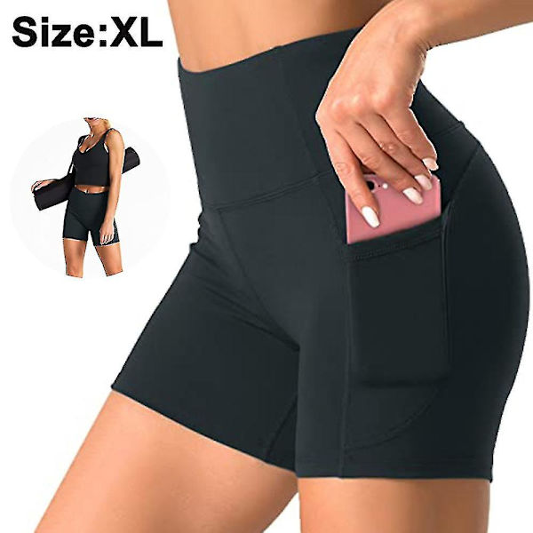 Yogashorts med hög midja för kvinnor med sidfickor Magkontroll Löpgym Bikershorts för kvinnor