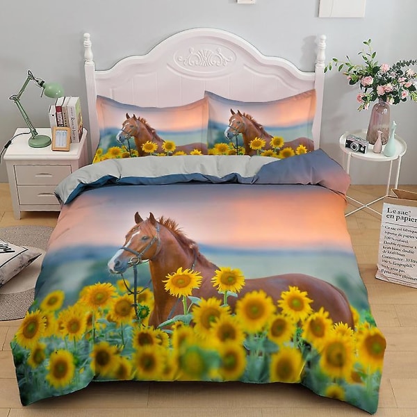 Häst Sängkläder Set Wildlife Solrosor Cover Queen King Size Brun Häst Tema Färgglad Mjuk 2/3st polyester cover