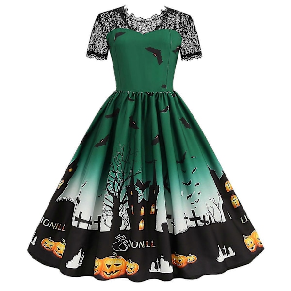 Halloween Dame Mode Print Kortærmet Rund Hals Afslappet Kjole med Kant