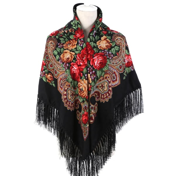 Rysk mantel Stor blomma printed generös halsduk damsjal Varm höst vinter multifunktionssjal Ponchos Capes Grön 10 One Size