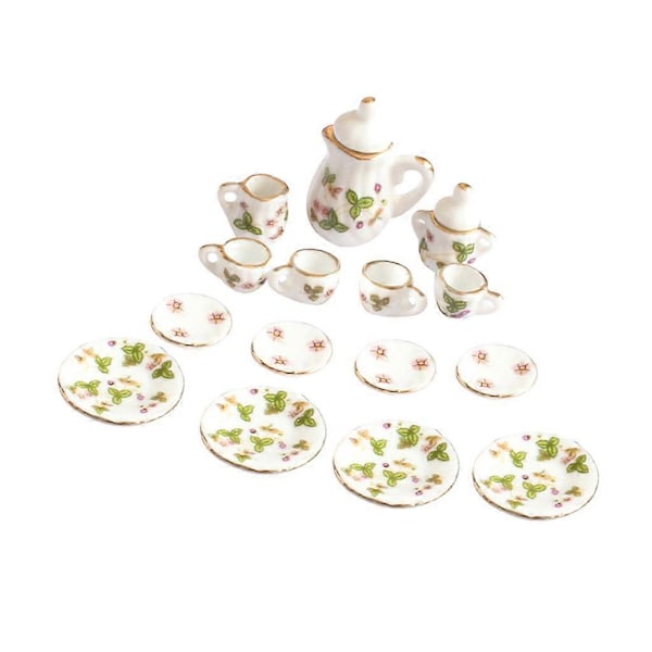 15 Dele 1/12 Dukkehus Miniature Grøn Blomst Spisestel Porcelæn Te Sæt