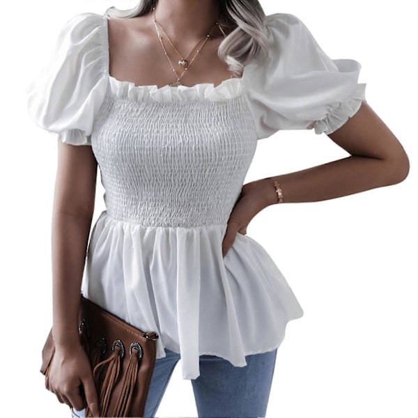 Dam Topp Fyrkantig Hals Kort Puffärm Casual Volangfåll Blus Smock Polyester för Sommar Vit M
