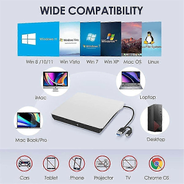 Ulkoinen CD DVD +/-RW -asema, USB 3.0 & USB-C kannettava CD & DVD ROM -poltinsoitinlukija-kirjoitin uudelleenkirjoituslevyasema,