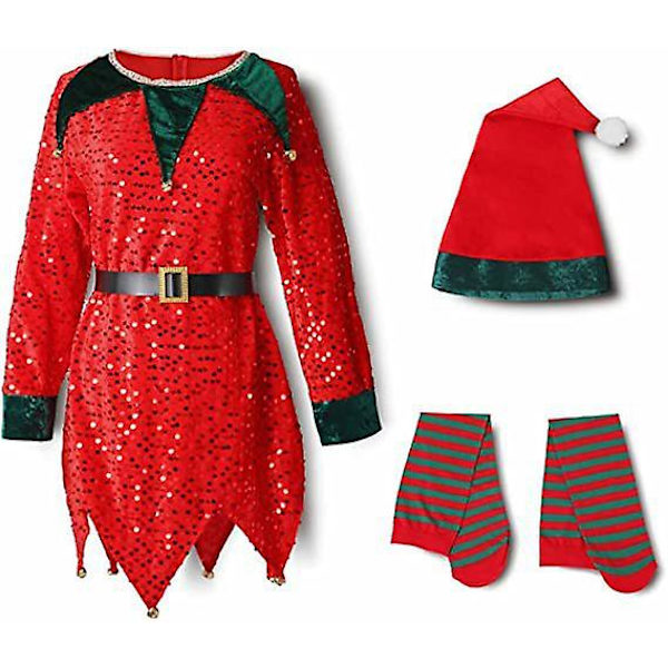 Jultomten Klänning För Flickor Pojkar Elf Cosplay Nyår Glänsande Paljett Grön Röda Kläder Xmas Strumpor Hatt 2023 1 kids 150cm