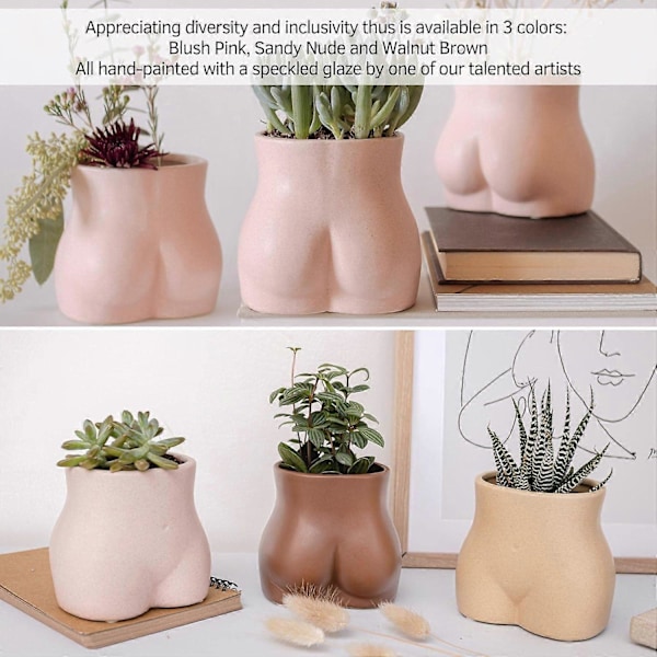 Keramisk Rumpe Plantepotte, Plantekasse med Drenering for Blomster, Kunst Damevaser Boho Chic Hjemmeinnredning (Bottom, Spettet Rosa)