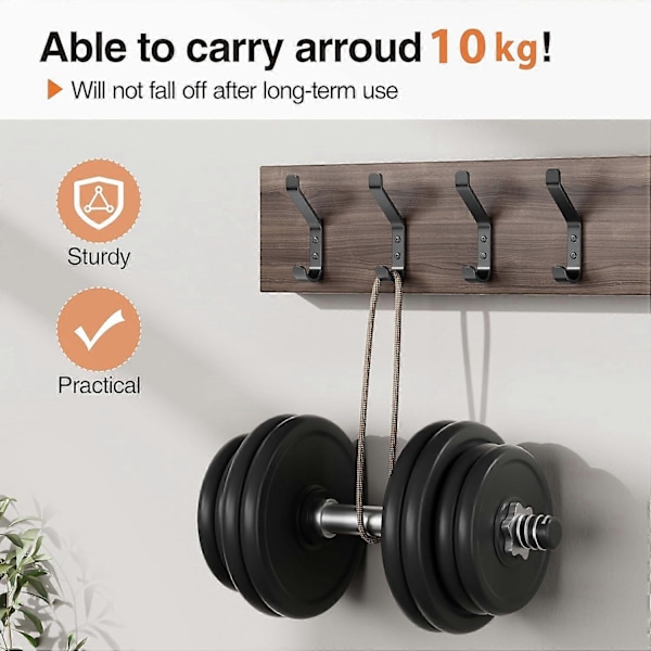 10-pack Väggkrokar för upphängning av jackor: 10 kg stark metallkrok med skruv, individuella hängare för kläder, handdukar, för badrumsdörr, svart 10 cm