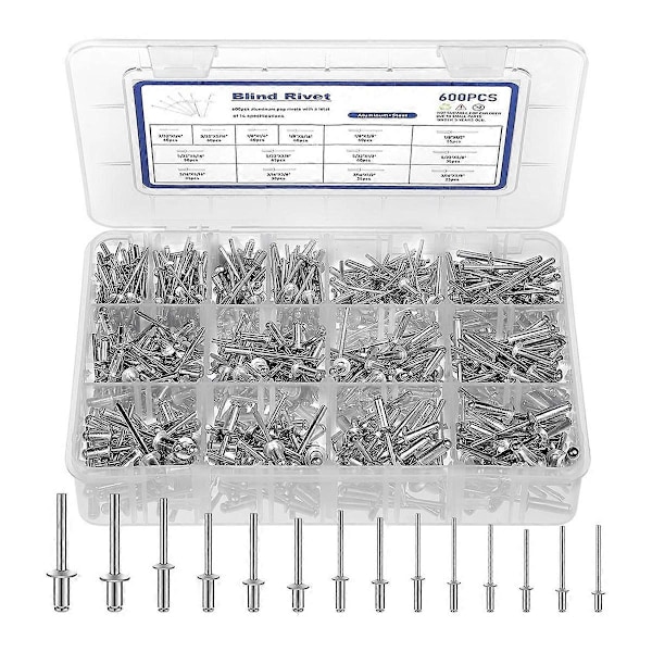600 st 14 Storlekar Nitar Sortimentskit Aluminium Nitar (3/32 Tum 1/8 Tum 5/32 Tum 3/16 Tum), Assor