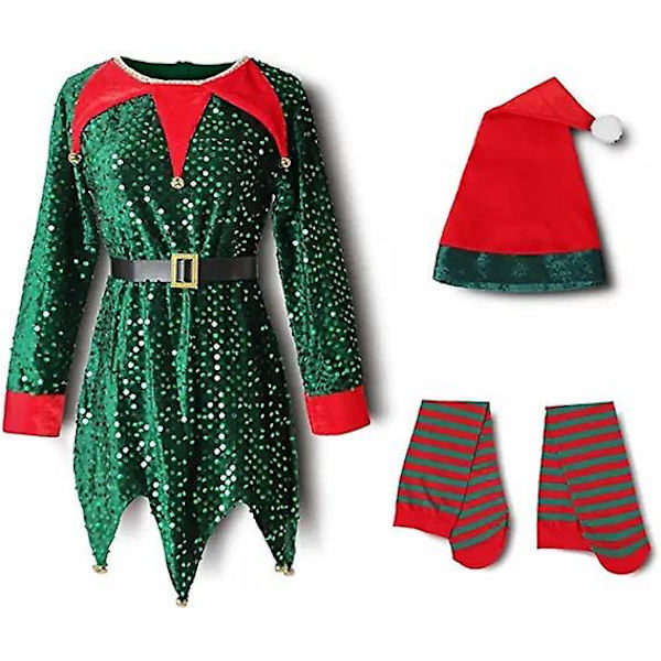 Jultomten Klänning För Flickor Pojkar Elf Cosplay Nyår Glänsande Paljett Grön Röda Kläder Xmas Strumpor Hatt 2023 2 kids 100cm