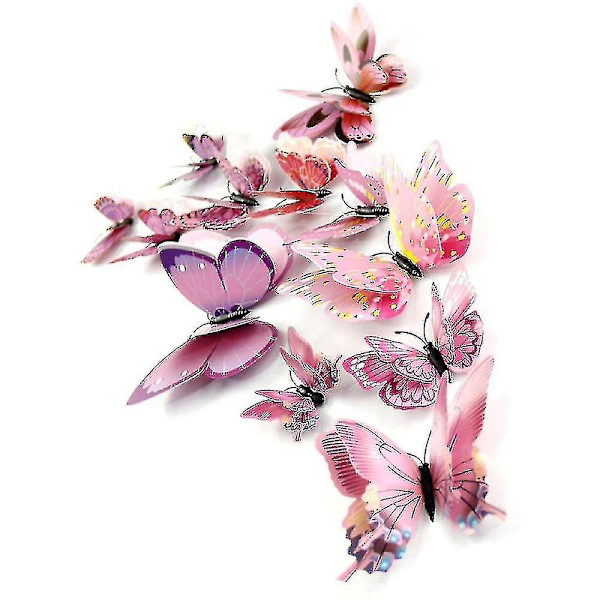 12st 3D Rosa fjäril Väggdekor Art Deco Rosa