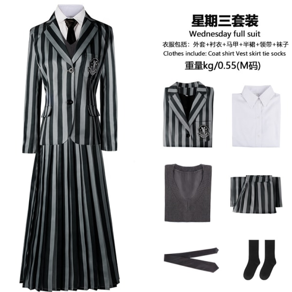 Addams familj cos kostym Halloween onsdag Addams svart klänning printed kjol cosplay kostym wednesday suit XXL