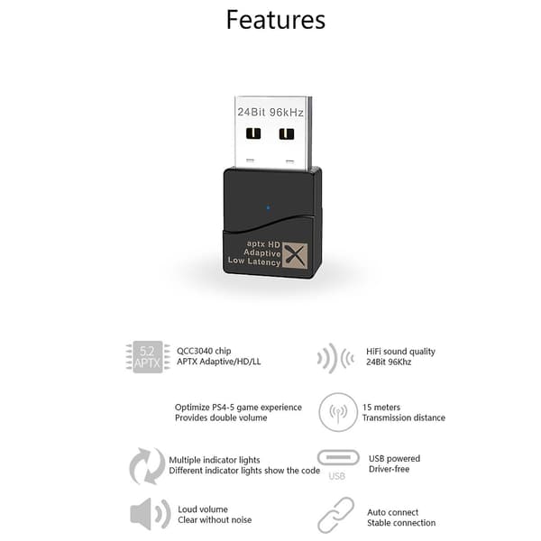 Aptx Adaptive, USB Bluetooth 5.2 Lydtransmitter, Driverfri C