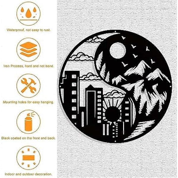 Yin Yang Metall Väggkonst Dekor, Sol Måne Stad Skog Väggdekoration Silhuett Väggkonst för Hem Sovrum Vardagsrum Trädgård Hotell Kontor Väggdekor