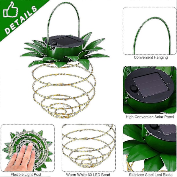 2-pack Solcellsdrivna Ananaslampor i Metall 60 LED Ananas Utomhus Hängande Trådlampa Vattentät