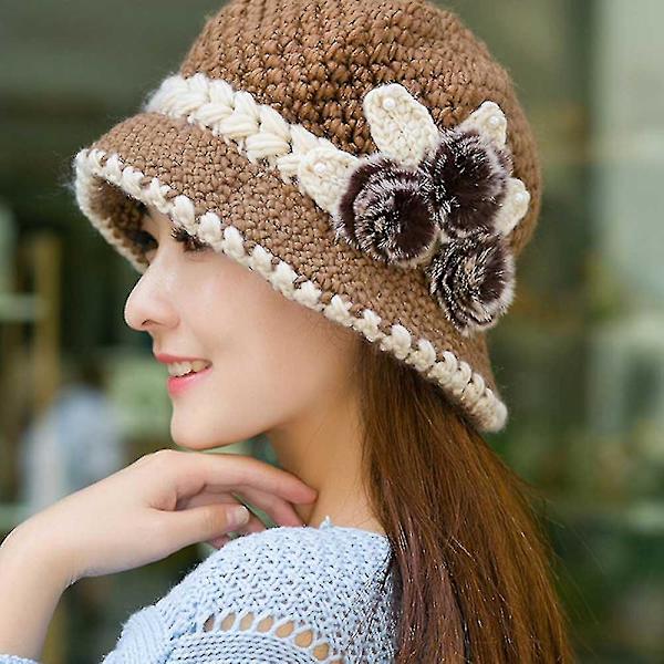 5 färger Vinter Varm Casual Vacker Ull Virkade Stickade Blommor Dekorerade Öron Hattar Mode Dam Dam Vinter Varm Virkad Stickade Blommor Dekorera Khaki