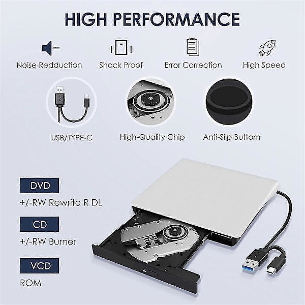 Ulkoinen CD DVD +/-RW -asema, USB 3.0 & USB-C kannettava CD & DVD ROM -poltinsoitinlukija-kirjoitin uudelleenkirjoituslevyasema,