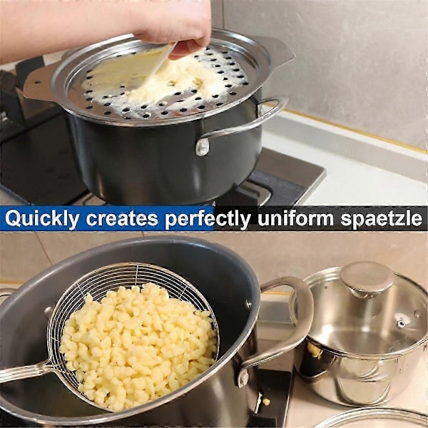 Spaetzle-låg i rustfrit stål med skraber, traditionel tysk æggenuddelmaskine, gryde, spaghettisigte