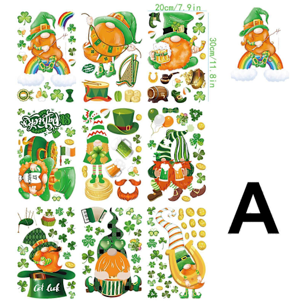 Irlannin Pyhän Patrickin päivän ikkunakoristeet, Tonttu Leprechaun -ikkunatarrat, Vihreät Shamrock-kultakolikot Kaksipuoliset tarrat