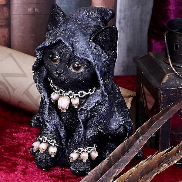 Feline Kledd Grim Reaper Kattefigur, Polyresin, Svart, 10*10*15cm
