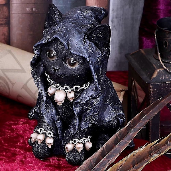 Kattefigur, Kat forklædt som Døden, Polyresin, Sort, 10*10*15cm