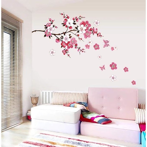 Veggklistremerker KIRSEBÆRBLOMSTER med sommerfugler rosa rød (120x50 cm) I sakura vinranke blomstergren tre klistremerke veggklistremerke for stue soverom kitc
