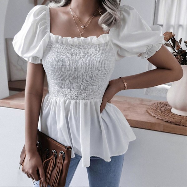 Dame Top Firkantet Hals Kort Pufærme Afslappet Flæsekant Bluse Smock Polyester til Sommer Hvid M