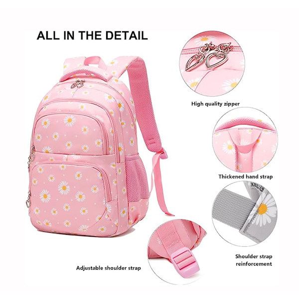 Daisy Prints Skolryggsäck Set med Lunchpaket Bokväska för tonårsflickor 3st Skolväska för Primär Student Bokväska Gray
