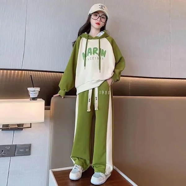 Flickor 2023 Ny Höst Vår Mode Långärmad Luvtröja+Byxor 2st Kostymer 5-14 år Teeange Casual Outifts Barnkläder Set Green 5-6T 120