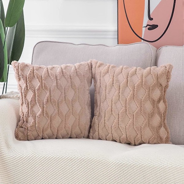 Sæt med 2 bløde plys korte uld velvet dekorative pudebetræk luksus stil pyntepudebetræk pudebetræk til sofa soveværelse firkantet lysebrun 22x22