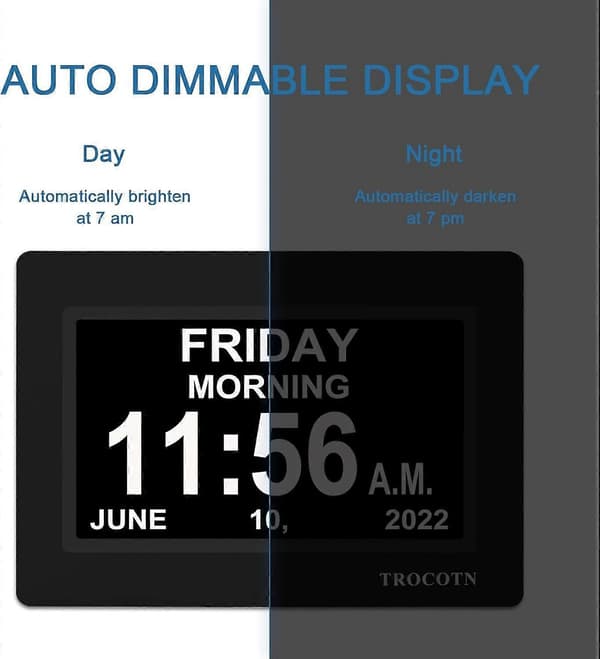 Digitalt ur med dato og uge, kalender med ugedagsdisplay (7 tommer sort)