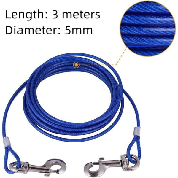 Blå 3-meter hundebindekabel. Hundebindekabel. Til have, camping, udendørs