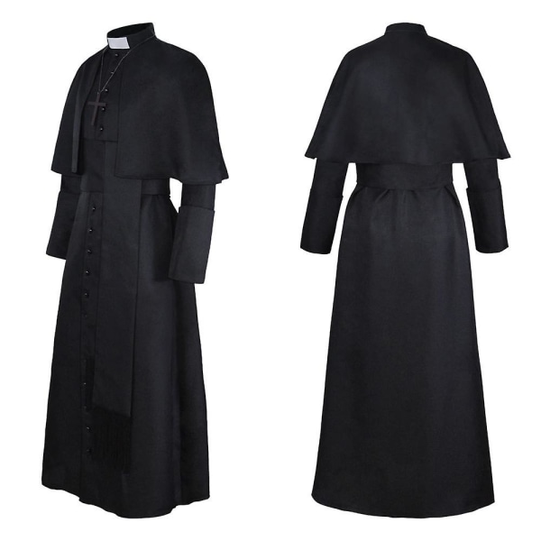 Enfärgad prästdräkt präst medeltida retro cosplaydräkt med korshalsband (svart) black 2xl