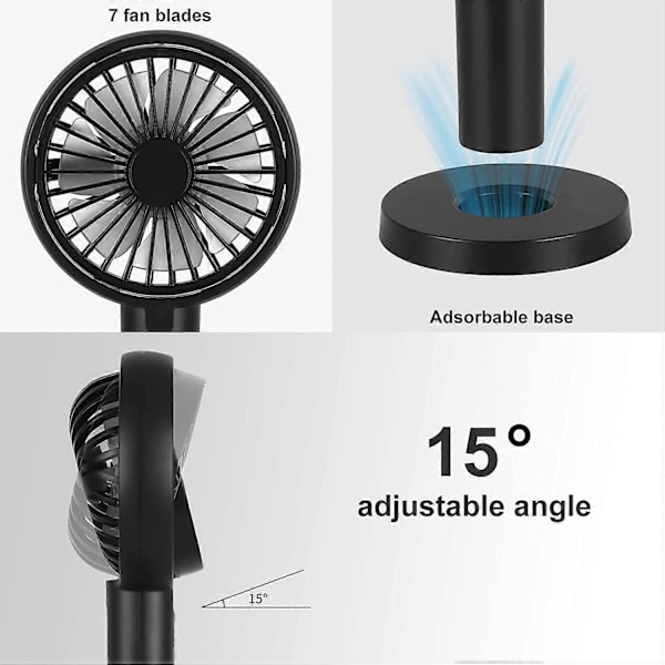 Mini Håndholdt Ventilator, Kraftfuld Bordventilator med Selvklæbende Base, USB Ventilator, Bærbar 3-Hastigheds Lille Ventilator, Personlig Ultra Støjsvag Ventilator